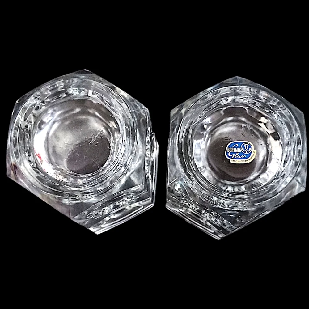 2 Vtg Modernist Crystal Candle Holders Block Cube Bohemia Glass Cubist Icy Clear
